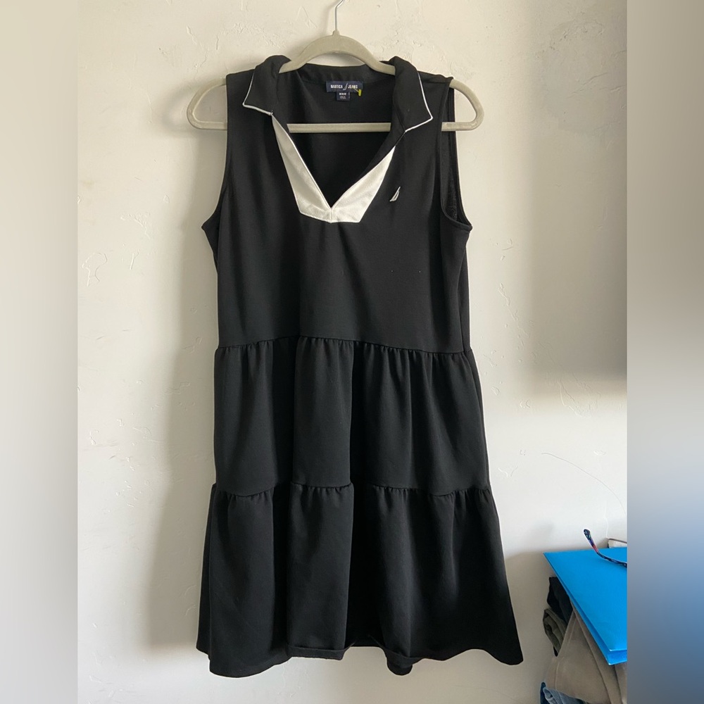 Nautica Black Sleeveless Dress with White Notch Collar